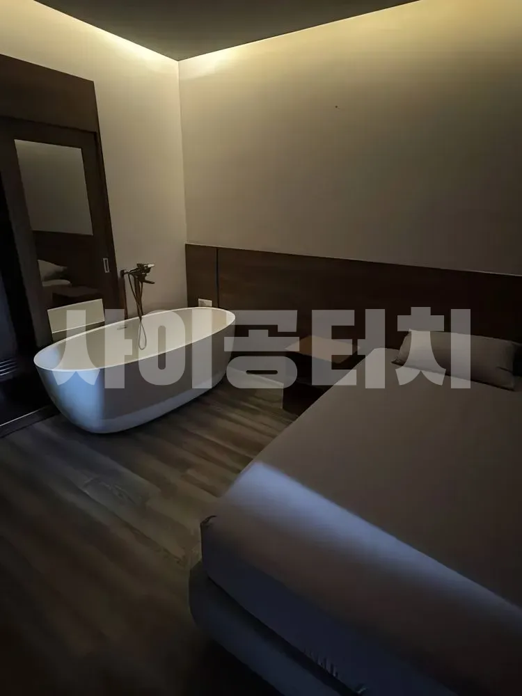 욕조와 마사지 침대가 있는 어두운 방