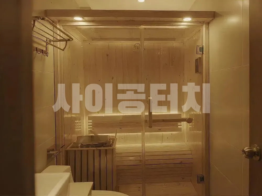 유리문과 나무 벽 사우나 내부