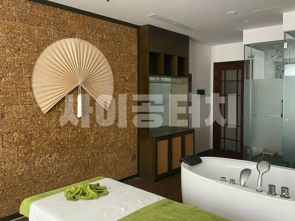 부채 장식 벽과 욕조 마사지 베드