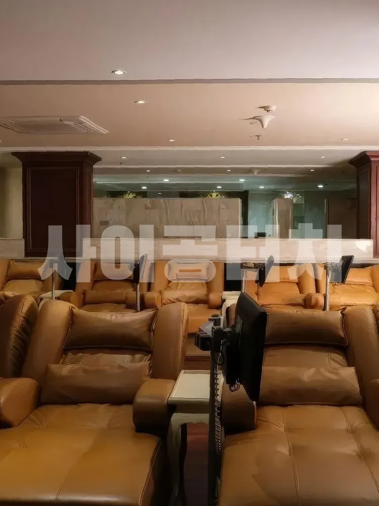 갈색 가죽 의자들이 줄지어 있는 휴게실