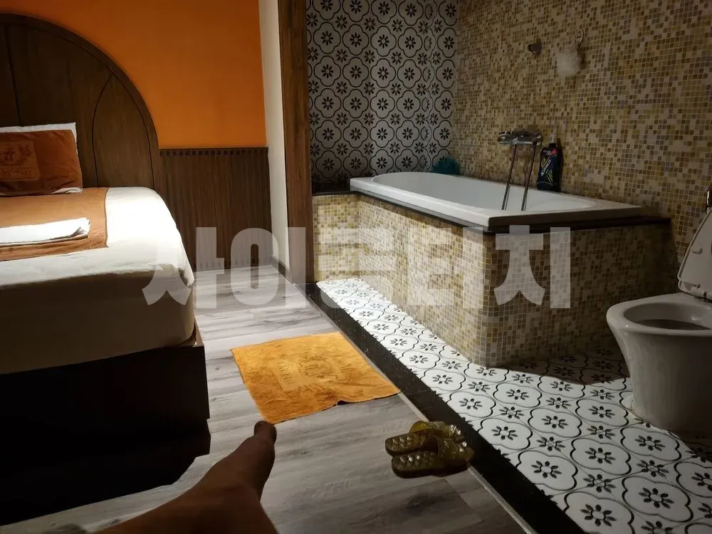 침대 옆 욕조와 화려한 패턴 타일 욕실