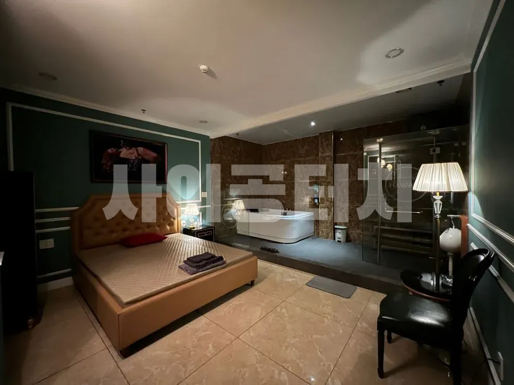 침실과 연결된 욕실이 있는 넓은 방